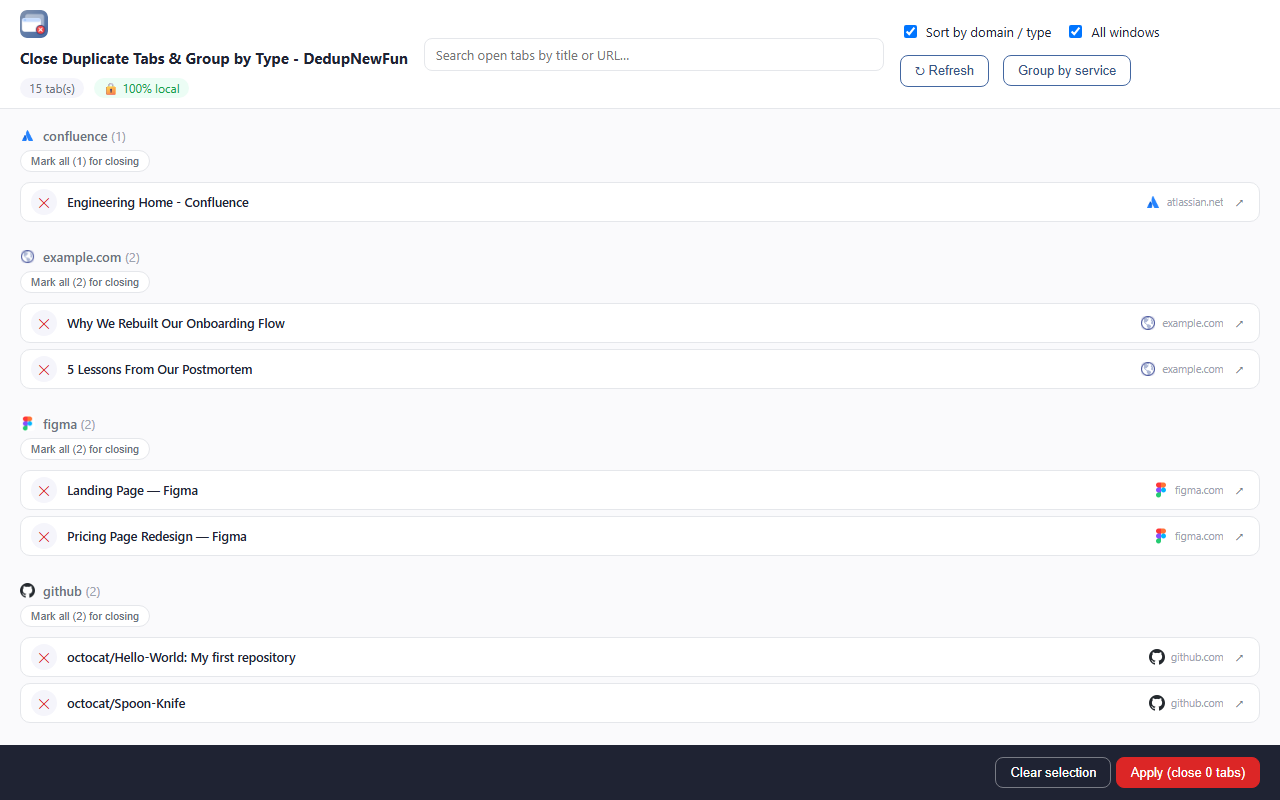 DedupNewFun's advanced preview, tabs sorted by domain/type