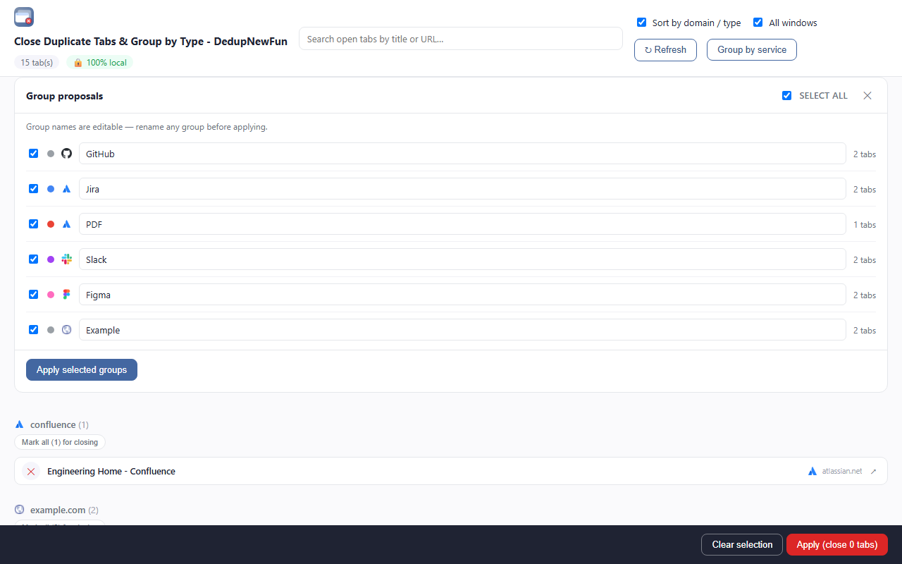 Group by service proposals: editable names, colors, one click to apply