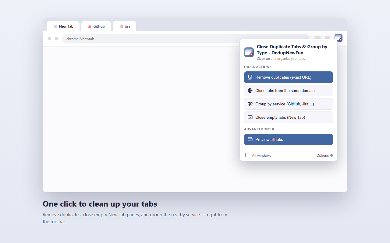 DedupNewFun's toolbar popup with quick actions