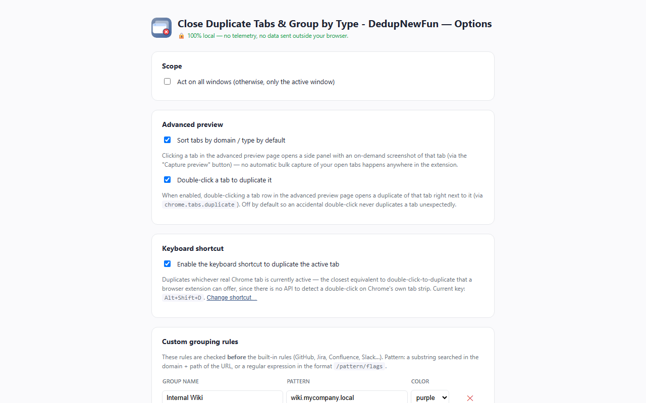 DedupNewFun's options page: scope, sort order, and custom grouping rules